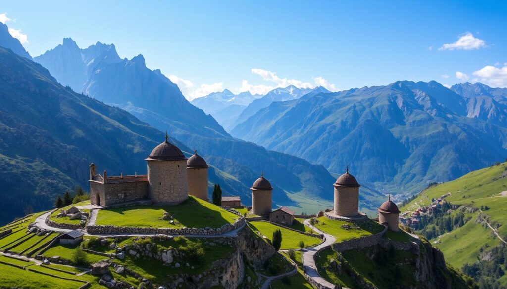 Swanetien Berglandschaft mit traditionellen Türmen