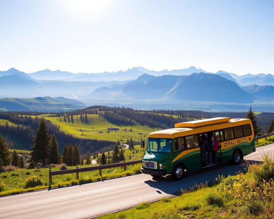 A Denali Shuttlebus is parked on a winding road in Denali National Park, surrounded by breathtaking landscapes. In the foreground, the bus, with its vibrant green and yellow colors, is positioned beside a scenic viewpoint, showcasing large windows for viewing wildlife. The middle ground features lush, rolling hills dotted with spruce trees and wildflowers, while distant mountains rise majestically under a clear blue sky. Soft, warm sunlight illuminates the scene, casting gentle shadows. The atmosphere is serene and inviting, capturing the essence of adventure in nature. A few tourists dressed in casual outdoor clothing can be seen boarding the bus, emphasizing the excitement of exploring the park's vast wilderness. The image focuses on the harmonious blend of nature and transportation in a pristine Alaskan setting.