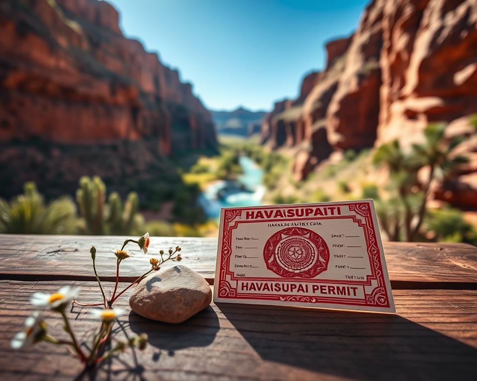 A Havasupai permit prominently displayed on a rustic wooden table, the document featuring a vibrant design with intricate patterns inspired by Native American art. In the foreground, there are delicate desert wildflowers and a small stone, enhancing the natural feel. In the middle ground, a picturesque view of Havasu Falls emerges, with turquoise waters cascading over red rock formations, surrounded by lush greenery. The background showcases the majestic cliffs of the Grand Canyon under a clear blue sky, with soft sunlight illuminating the scene. The atmosphere is serene and inviting, evoking a sense of adventure and the beauty of nature. The scene is captured with a wide-angle lens, highlighting the depth of the landscape while maintaining focus on the permit in the foreground.