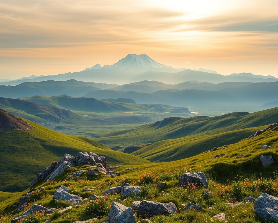 A breathtaking aerial view of Denali National Park in Alaska, showcasing its stunning diverse landscapes. In the foreground, lush green valleys filled with wildflowers contrast with the rugged rocky outcrops. The middle ground reveals the magnificent Denali mountain, its snow-capped peak piercing the sky under soft, golden hour lighting. In the background, rolling hills fade into a soft mist, adding depth to the scenery. The image captures a serene atmosphere, evoking a sense of adventure and exploration. The scene is devoid of human presence to emphasize the park's natural beauty. Shot with a wide-angle lens to capture the grandeur of the park, the composition focuses on the harmonious interplay of light and nature, inviting viewers to immerse themselves in this extraordinary wilderness.