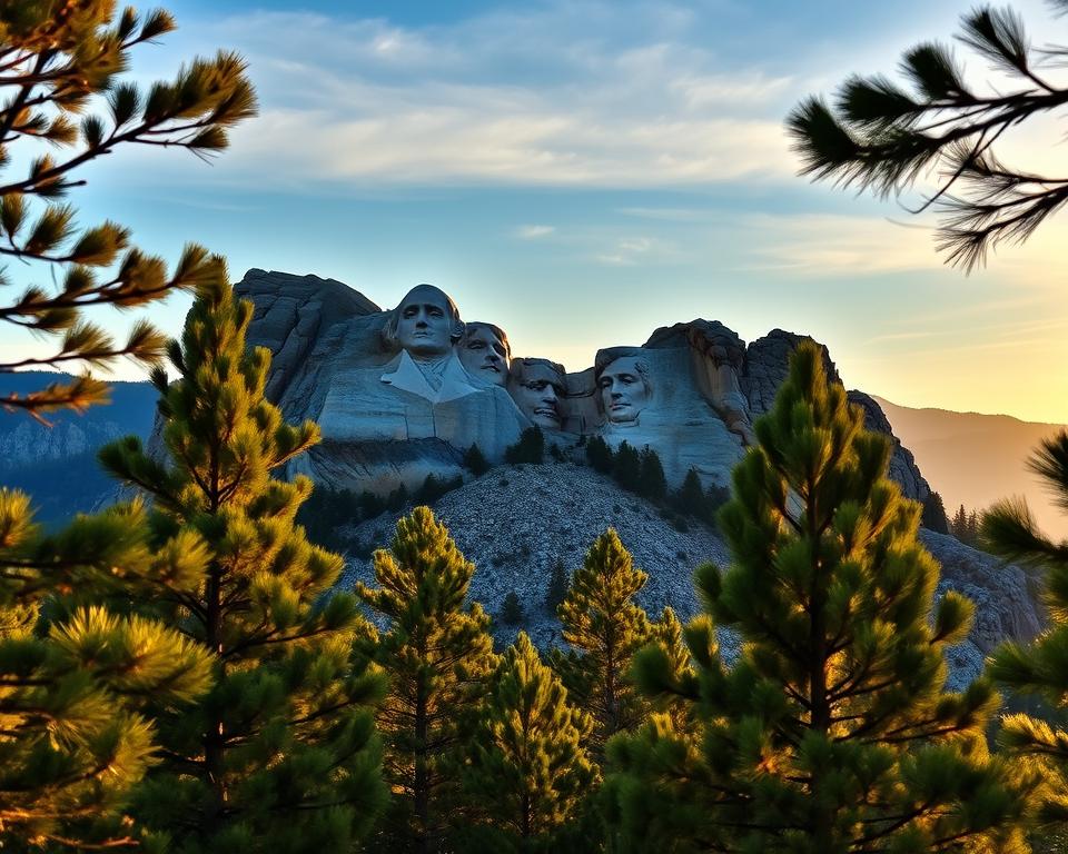 A breathtaking landscape of Mount Rushmore during golden hour, showcasing the monumental faces of the four U.S. presidents intricately carved into granite. In the foreground, a lush green forest with tall pine trees gently frames the scene, their leaves gently illuminated by the warm glow of sunset. In the middle ground, the iconic sculpture emerges grandly against a clear blue sky, with soft clouds hinting at the vastness of the Black Hills surrounding it. The background features rugged mountains fading into a soft haze, enhancing the majestic atmosphere. Use a wide-angle lens for an expansive view, capturing both the grandeur of the mountaintop and the serene beauty of the landscape. The mood should feel awe-inspiring and peaceful, inviting viewers to appreciate the natural beauty intertwined with historical significance.