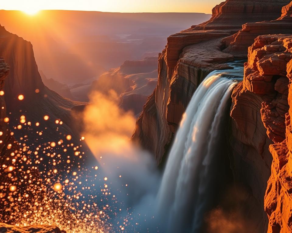 A breathtaking scene capturing a waterfall cascading into the vastness of the Grand Canyon. In the foreground, shimmering water droplets glisten in the sunlight, creating a misty atmosphere. The middle ground features the powerful flow of the waterfall, framed by rugged, colorful rock formations that showcase the canyon's unique layered textures. In the background, the expansive canyon stretches out, bathed in warm golden light during the golden hour, casting long shadows and highlighting the intricate details of the natural landscape. The sky is a gradient of soft oranges and purples as the sun sets, evoking a tranquil yet awe-inspiring mood. The image is captured with a wide-angle lens, emphasizing the grandeur of the scene while maintaining a focus on the waterfall's dynamic movement.