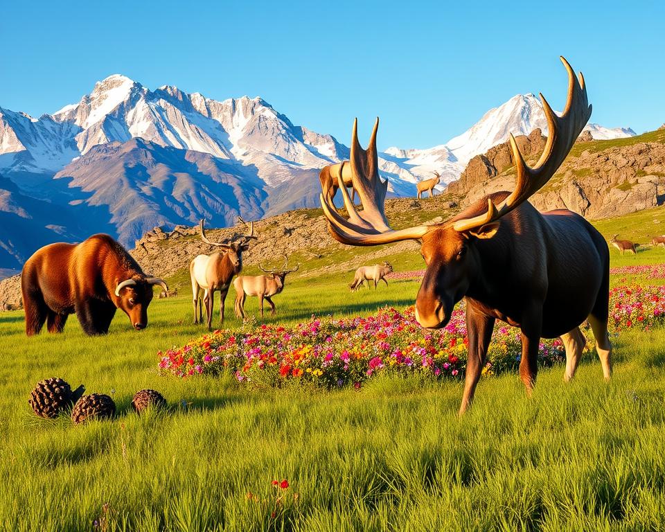 A breathtaking scene capturing the wildlife of Denali National Park in Alaska. In the foreground, a majestic bull moose grazes peacefully on lush green grass, its antlers prominently displayed. To the left, a curious grizzly bear, with its rich brown fur glistening in the soft sunlight, is foraging among wild berries. In the middle ground, a herd of caribou gracefully moves through a colorful field of wildflowers, their antlers contrasting against the vibrant flora. A few Dall sheep can be seen perched on rocky cliffs in the background, framed by towering snow-capped mountains under a clear blue sky. The lighting is warm, suggesting a golden hour ambiance that evokes a sense of serenity and connection to nature. Capture this stunning moment from a slightly elevated angle to emphasize the beauty of the landscape while creating a sense of depth.