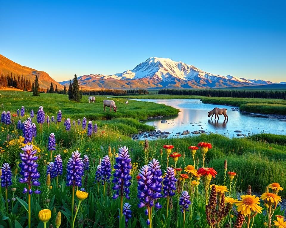 A breathtaking scene from Denali National Park in Alaska, showcasing the majestic Mount Denali towering in the background under a clear, blue sky. In the foreground, a vibrant meadow filled with wildflowers in full bloom, including purple lupines and yellow fireweed, sways gently in the breeze. A tranquil river reflects the mountain, with a few small icebergs drifting lazily. In the middle ground, a family of caribou grazes peacefully, highlighting the rich wildlife of the park. The lighting is soft and golden as the sun begins to set, creating a warm and inviting atmosphere. The composition is captured with a wide-angle lens, emphasizing the breathtaking scale of the landscape and the vibrant colors, inviting viewers to explore the park's stunning highlights.