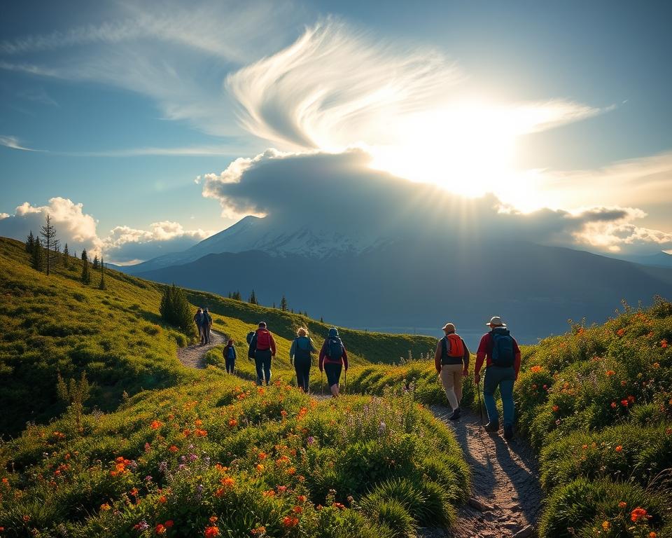 A breathtaking scene in Denali National Park, showcasing a winding hiking trail through lush greenery and colorful wildflowers in the foreground. In the middle ground, diverse hikers in modest outdoor gear navigate the rugged terrain, reflecting a range of skill levels. The majestic Denali mountain looms in the background, partially shrouded in soft, wispy clouds with sunlight breaking through, casting a warm golden glow across the landscape. The atmosphere is vibrant and adventurous, inviting viewers to experience the thrill of outdoor exploration. Capture the image with a wide-angle lens to emphasize the expansive view and dynamic lighting, conveying a serene yet exhilarating mood amidst nature’s beauty.