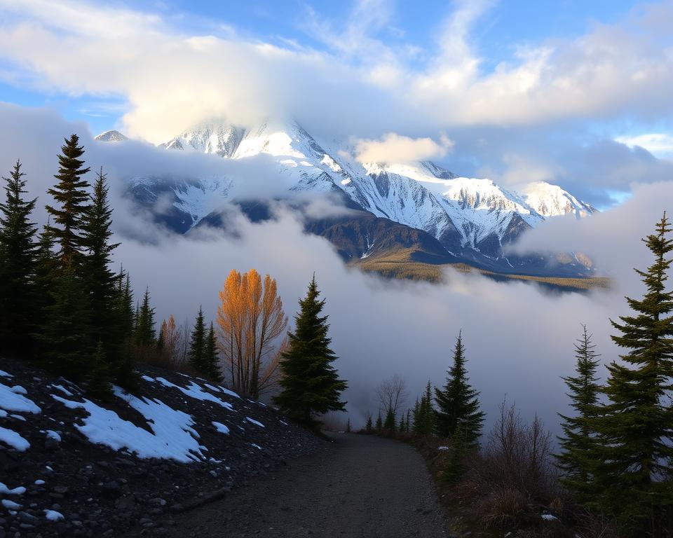 A breathtaking view of Denali, the highest peak in North America, under dramatic weather conditions. In the foreground, showcase a rugged trail with patches of snow, leading towards the towering mountain, partially concealed by swirling clouds. In the middle, depict a variety of evergreen trees and fading autumn foliage, hinting at the transition from summer to winter. The background features Denali’s jagged peaks, dusted with glistening snow, shrouded by a veil of mist. Capture the image during the golden hour, with soft, diffused sunlight filtering through the clouds, casting a warm glow on the landscape. The overall mood should evoke a sense of awe and respect for nature's majesty, inviting viewers to ponder the adventure of exploring this magnificent national park.