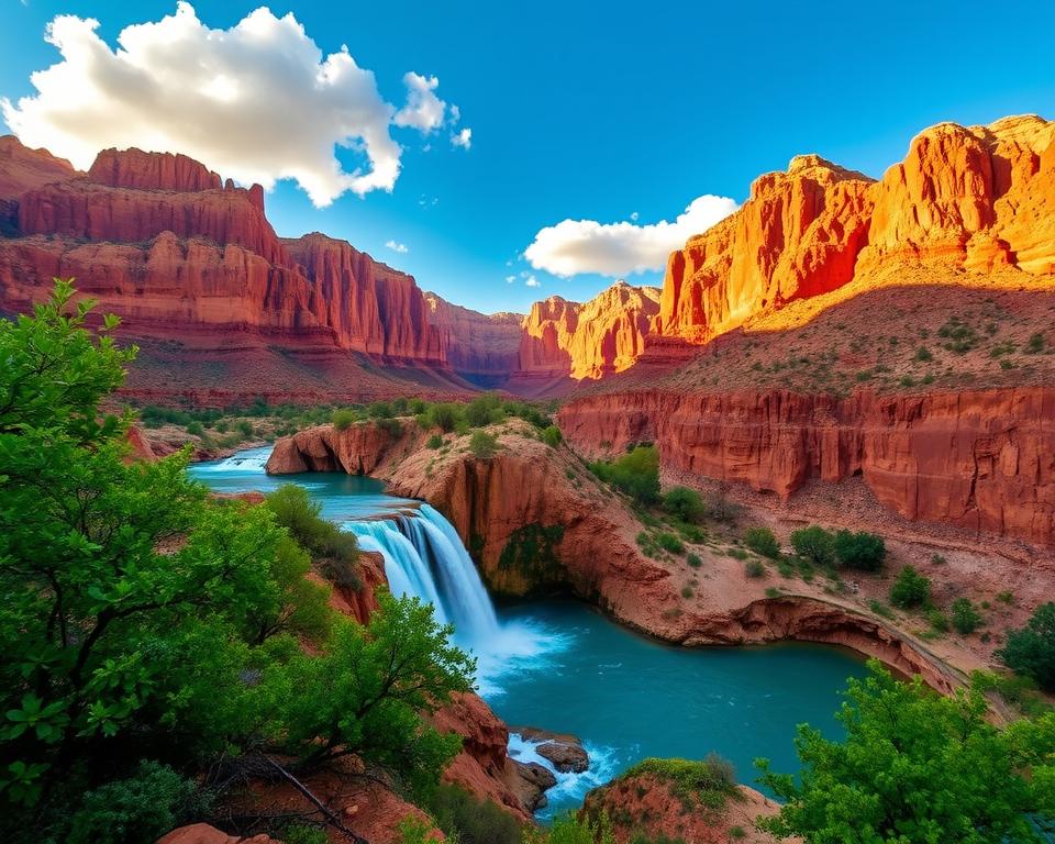 A breathtaking view of Havasu Falls within the Grand Canyon, capturing the vibrant turquoise waters cascading over dramatic red rock formations. In the foreground, lush greenery frames the waterfall, while in the middle ground, the water tumbles into a crystal-clear pool that reflects the surrounding cliffs. The background features the towering canyon walls, rich in earthy tones and textures, under a bright blue sky with fluffy white clouds. Golden hour lighting casts a warm glow, illuminating the scene and enhancing the natural colors. The atmosphere is serene yet invigorating, inviting viewers to experience the beauty of this natural wonder.