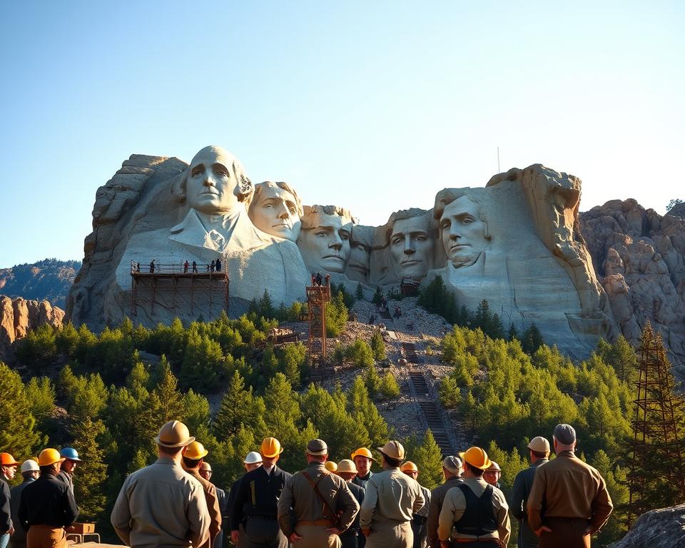 A breathtaking view of Mount Rushmore during its construction phase, showcasing the iconic faces of George Washington, Thomas Jefferson, Theodore Roosevelt, and Abraham Lincoln partially carved into the granite. In the foreground, a group of workers in 1930s attire, wearing hard hats and safety gear, diligently chiseling away at the rock. The middle ground features the dramatic rock formations and scaffolding; some workers are suspended on ropes, capturing a sense of determination and hard work. In the background, lush green forests contrast against the rugged mountain landscape under a clear blue sky. The lighting is warm and soft, emphasizing the late afternoon sun casting long shadows, creating a nostalgic and heroic atmosphere. The image has a wide-angle perspective to capture the grandeur of the monument and the scale of the construction effort.