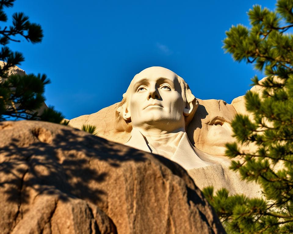 A breathtaking view of Mount Rushmore featuring a detailed representation of Abraham Lincoln’s carved face, showcasing his strong features and thoughtful expression. The foreground highlights the intricate textures of the granite, with sunlight casting shadows that enhance the contours of Lincoln’s face. In the middle ground, the iconic monument stands prominently against a clear blue sky, framed by lush green trees that add depth to the scene. The background captures the majestic Black Hills, hinting at their rugged beauty. The lighting is warm and inviting, suggesting a late afternoon. The mood is one of reverence and admiration, embodying Lincoln’s legacy as a unifier in a turbulent time. The perspective is slightly upward, emphasizing the grandeur of the sculpture while keeping the focus on Lincoln.