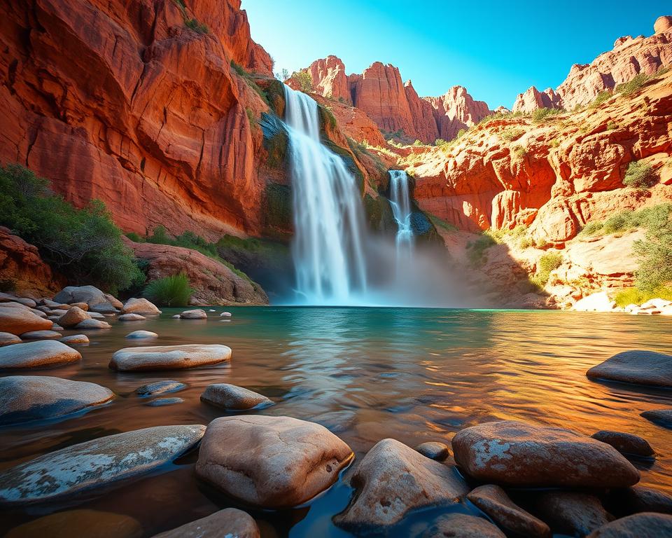 A breathtaking view of a majestic waterfall cascading into a crystal-clear pool in the Grand Canyon, surrounded by rugged red rock formations and vibrant green vegetation. The foreground features smooth stones and shallow water, reflecting the sunlight. In the middle ground, the waterfall tumbles over a cliff, creating mist that catches the light, creating a rainbow effect. The background shows the expansive grandeur of the canyon, with steep cliffs rising dramatically under a clear blue sky. Soft, warm lighting enhances the natural colors and textures, evoking a serene and awe-inspiring atmosphere suitable for showcasing the best time to experience the wonders of nature at the Grand Canyon waterfall. The image should be captured from a slightly elevated angle to provide depth while avoiding any human presence.