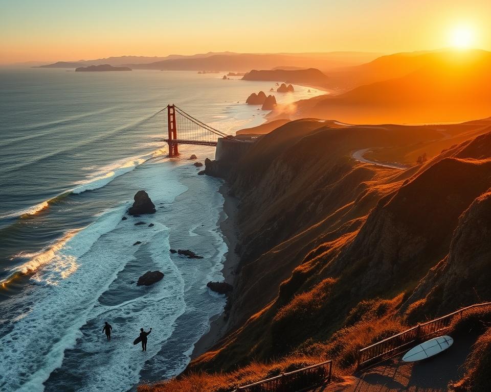 A breathtaking view of iconic highlights along the West Coast of the USA. In the foreground, capture a vibrant sunset casting golden hues over the rugged coastline, with crashing waves. In the middle ground, showcase famous landmarks such as the Golden Gate Bridge peeking through a light fog, along with towering cliffs and a winding coastal road. The background should feature majestic Pacific Ocean vistas, with silhouettes of surfers and beachgoers in professional casual attire enjoying the scene. The image should evoke a sense of adventure and serenity, with soft lighting reflecting the warmth of the setting sun. A wide-angle perspective that encompasses the vastness of the landscape, enhancing the beauty of this unforgettable coastal journey.