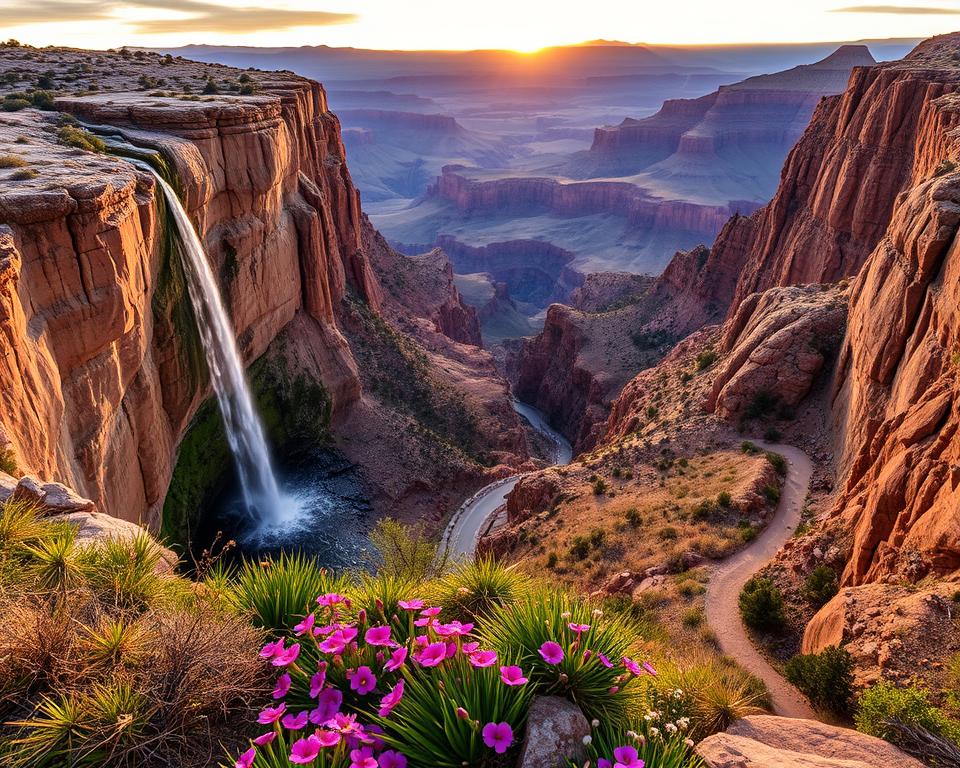 A breathtaking view of the Grand Canyon Wasserfall Trail, showcasing a serene waterfall cascading down rugged cliffs. In the foreground, lush greenery with vibrant wildflowers thrives near the water's edge, creating a vivid contrast with the rocky terrain. The middle ground features the winding trail carved into the landscape, guiding hikers along the path. The background reveals the vastness of the Grand Canyon, with its layered rock formations bathed in the warm hues of a sunset, casting a golden glow over the scene. Soft, diffused lighting enhances the natural beauty, while a wide-angle lens captures the grandeur and depth of this natural wonder. The atmosphere is tranquil and inviting, evoking a sense of adventure and exploration in the heart of nature.