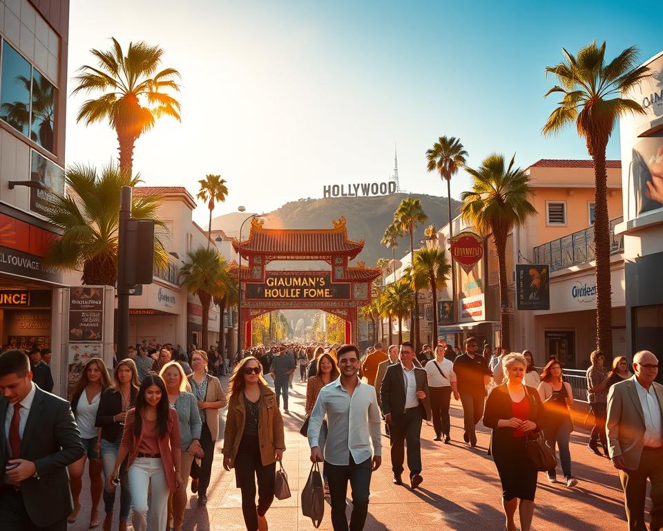 A bustling scene of Hollywood Boulevard during the golden hour, with warm, golden sunlight illuminating the iconic Walk of Fame stars embedded in the sidewalk. In the foreground, a diverse group of people in professional business attire and casual wear strolls along the boulevard, capturing photos and enjoying the atmosphere. The middle ground features the historic Grauman's Chinese Theatre, adorned with vibrant signage and crowds admiring its architecture. In the background, palm trees sway gently against a clear blue sky, while the Hollywood sign stands proudly atop the hills, emphasizing the Hollywood vibe. Soft lens flares add a dreamy touch to the scene, creating an inviting and exciting atmosphere that embodies the heart of the film industry. A bustling scene of Hollywood Boulevard during the golden hour, with warm, golden sunlight illuminating the iconic Walk of Fame stars embedded in the sidewalk. In the foreground, a diverse group of people in professional business attire and casual wear strolls along the boulevard, capturing photos and enjoying the atmosphere. The middle ground features the historic Grauman's Chinese Theatre, adorned with vibrant signage and crowds admiring its architecture. In the background, palm trees sway gently against a clear blue sky, while the Hollywood sign stands proudly atop the hills, emphasizing the Hollywood vibe. Soft lens flares add a dreamy touch to the scene, creating an inviting and exciting atmosphere that embodies the heart of the film industry.