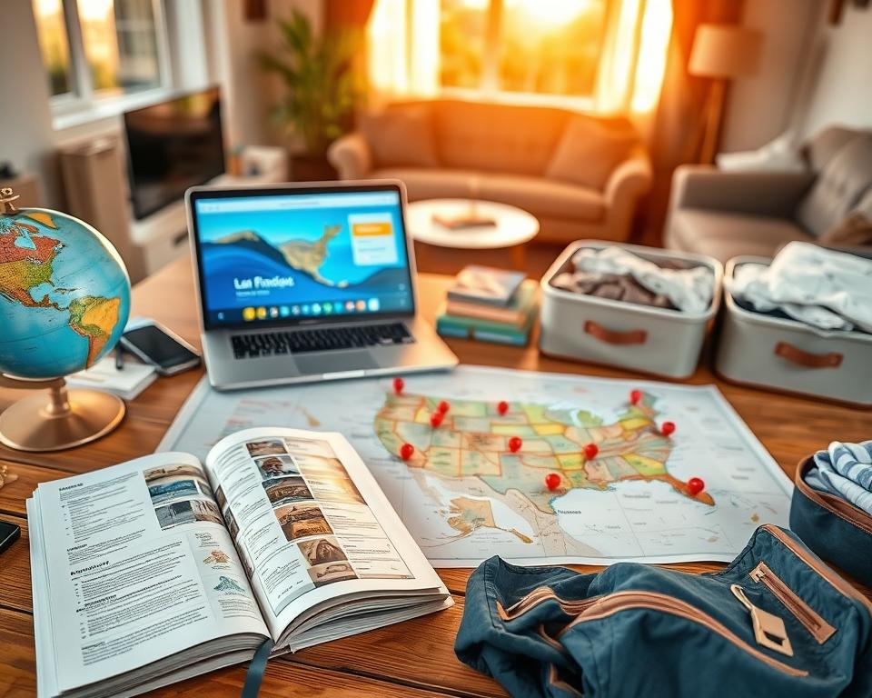 A busy travel planning scene for a guided tour along the West Coast of the USA. The foreground features a neatly organized wooden table with travel essentials: an open travel guidebook, a globe, a laptop displaying a flight booking website, and packing cubes overflowing with well-folded clothes. In the middle, a warm, inviting workspace with a map of the West Coast spread out, dotted with pins on key tourist destinations like San Francisco and Los Angeles. The background showcases a soft-focus view of a cozy living room, illuminated by golden afternoon sunlight streaming through a window, creating a sense of anticipation and adventure. The atmosphere is vibrant and inspiring, perfect for practical travel preparations.