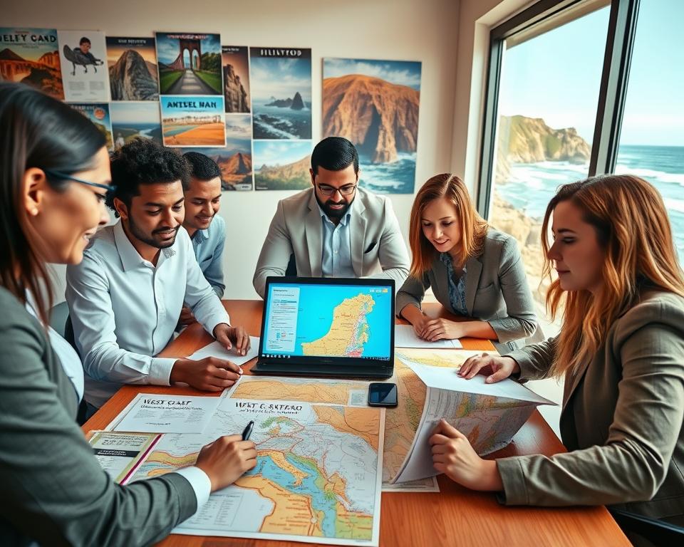 A captivating scene focused on "Budget Planning for a West Coast Road Trip." In the foreground, a diverse group of six adults in professional business attire are gathered around a large table, examining maps and budget sheets. The middle ground features a laptop displaying a colorful itinerary of famous West Coast landmarks such as the Golden Gate Bridge, Big Sur, and Hollywood. In the background, a wall adorned with travel posters and a large window revealing a stunning coastal view with waves crashing on rocky cliffs under a bright blue sky. The lighting is warm and inviting, casting a soft glow over the scene, evoking a sense of excitement and possibility for adventure. The angle should be slightly elevated to capture the teamwork and planning effectively.