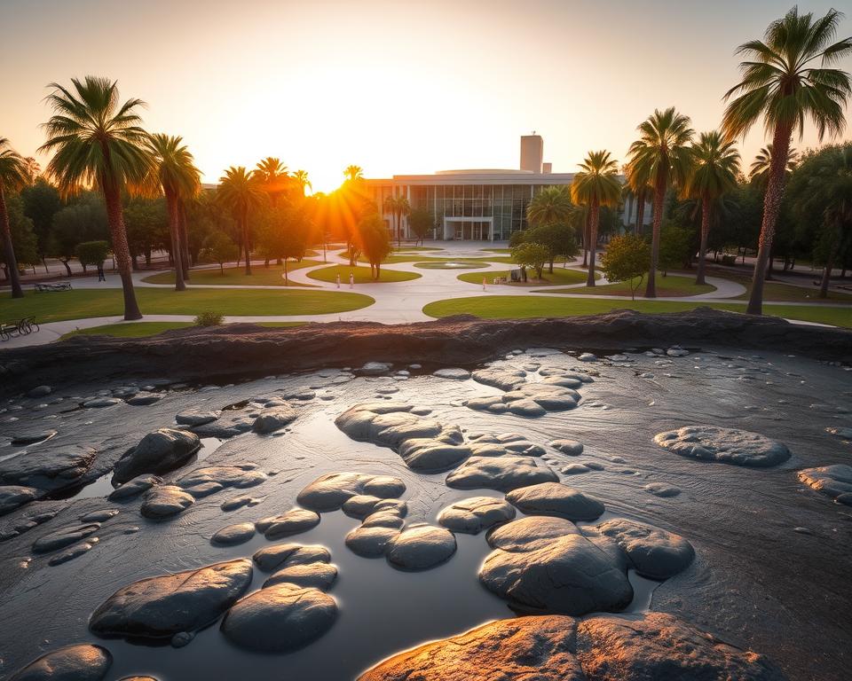 A captivating view of the La Brea Tar Pits, featuring the iconic bubbling tar pits in the foreground, with ancient fossils partially visible in the thick black goo. The middle ground showcases the surrounding lush green park with palm trees and footpaths, inviting visitors to explore. In the background, the Museum of La Brea Tar Pits stands prominently, its modern architecture contrasting the natural elements. Golden sunset lighting casts a warm glow across the scene, enhancing the vibrant colors of the foliage. The angle is slightly elevated, creating a panoramic perspective that captures both the tar pits and the museum. The atmosphere is serene yet intriguing, reflecting the historical significance of this unique site in Los Angeles.