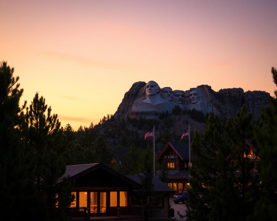 A cozy cabin nestled among pine trees in the foreground, invitingly lit with warm light from its windows, showcasing a tranquil atmosphere. In the middle ground, a selection of charming lodges and rustic inns with American flags fluttering gently, each featuring distinct architectural styles. In the background, the iconic silhouette of Mount Rushmore rises majestically against a sunset sky, with hints of vibrant oranges and cool purples reflecting the serene evening. Soft, diffused lighting enhances the peaceful, idyllic setting, captured from a slight upward angle to emphasize the grandeur of the monument. The overall mood is welcoming and serene, perfect for showcasing overnight accommodations near this American landmark.