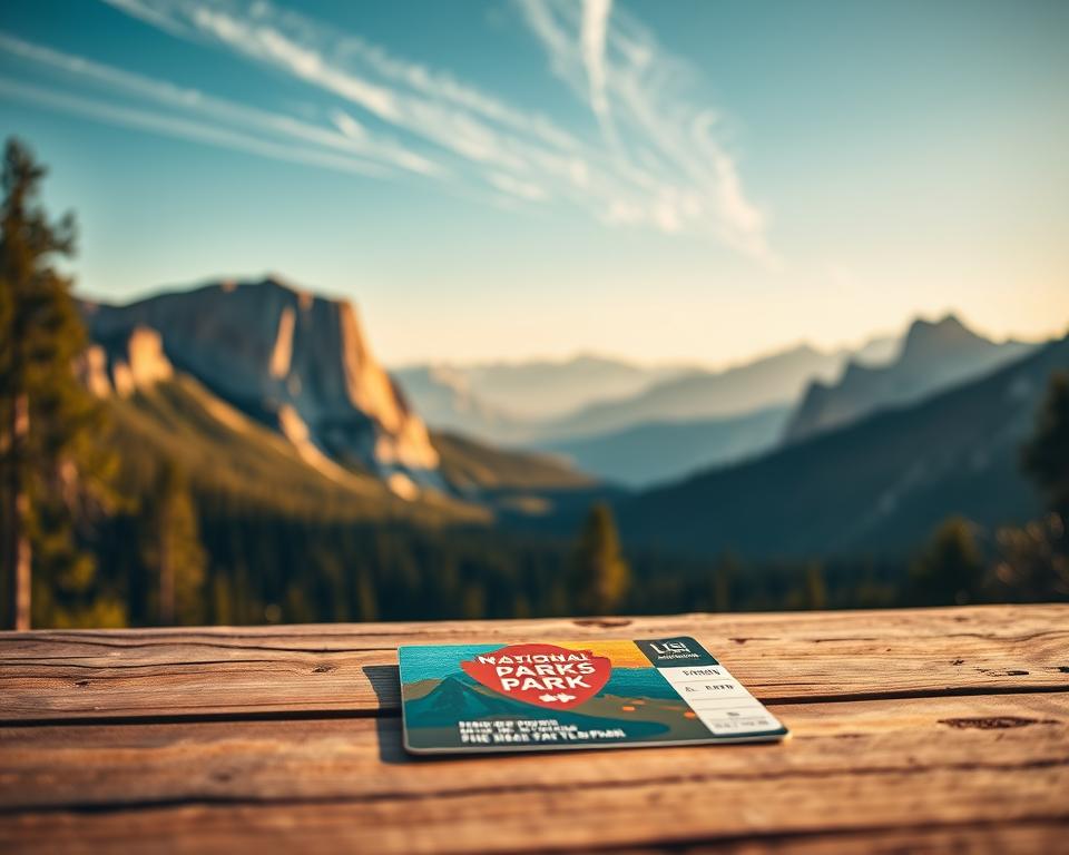 A detailed, artistic depiction of a National Park Pass in front of a breathtaking natural landscape showcasing the beauty of the USA’s national parks. In the foreground, focus on a colorful National Park Pass laid out on a wooden picnic table, its vibrant colors reflecting the variety of parks it represents. In the middle ground, create a stunning vista of majestic mountains and lush forests bathed in warm, golden sunlight, enhancing the sense of adventure. The background should feature a clear blue sky with thin, fluffy clouds. Capture the scene with a soft focus, using a warm color palette that conveys a sense of peace and connection to nature. The atmosphere is inviting and encourages exploration, embodying the idea of adventure and discovery in the great outdoors.