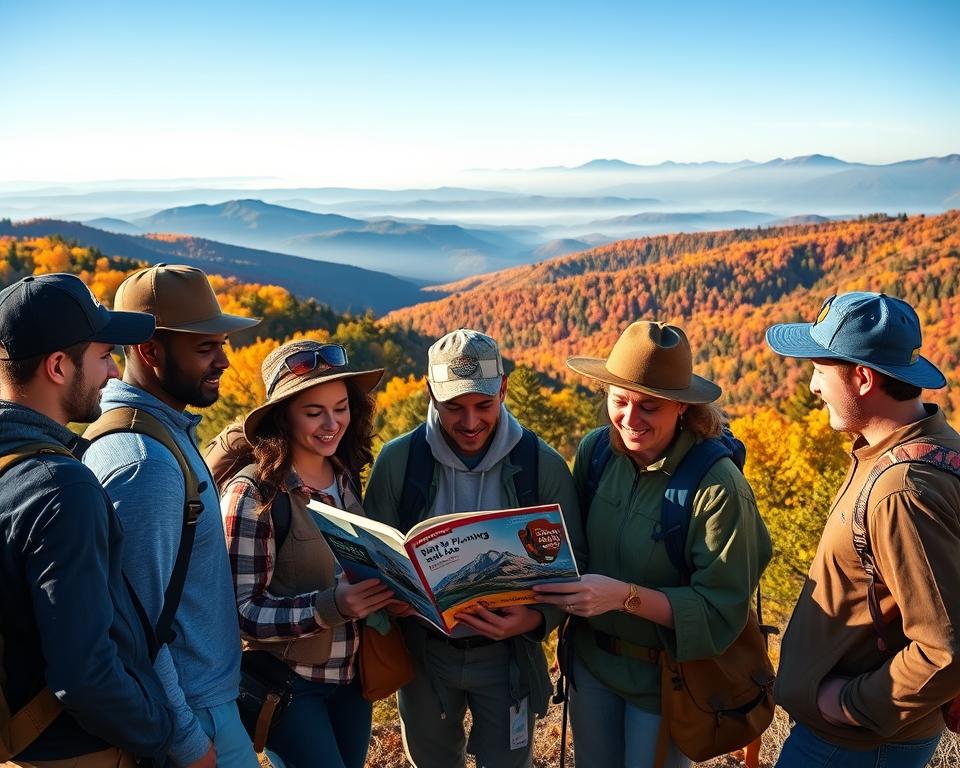 A diverse group of enthusiastic outdoor travelers, wearing casual but respectable clothing, gather in the foreground of a breathtaking landscape featuring a majestic national park. They are reviewing a seasonal visit planning guide with the iconic National Park Pass prominently displayed, embodying the spirit of adventure. In the middle ground, lush trees and rolling hills with vibrant autumn foliage create a warm and inviting atmosphere, while a clear blue sky enhances the sense of freedom. The background showcases distant mountains, slightly fogged to add depth, creating a sense of vastness. The scene is bathed in soft, golden late afternoon sunlight, casting gentle shadows and highlighting the natural beauty. The overall mood is one of excitement and anticipation for the adventures that lie ahead in America's stunning national parks.
