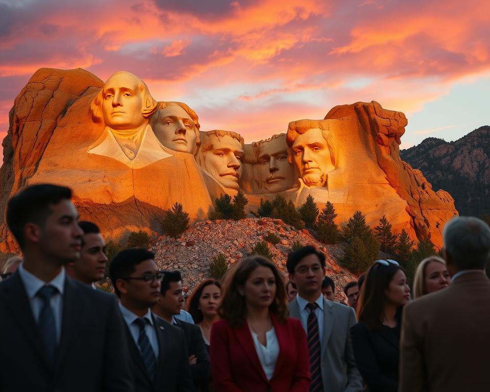 A dramatic scene depicting Mount Rushmore at sunset, highlighting the four presidential faces carved into the granite. In the foreground, a diverse group of solemn visitors in professional attire observes the monument, their expressions reflecting contemplation and curiosity. The middle ground features the majestic rock faces of Washington, Jefferson, Roosevelt, and Lincoln, illuminated by warm golden light, emphasizing their intricate details and expressions. In the background, the rugged Black Hills of South Dakota stretch into the distance, under a sky painted with deep oranges and purples. The mood is contemplative and reflective, capturing the controversies surrounding the monument's history and cultural significance. The image should be shot from a low angle to accentuate the scale of the monument and convey a sense of awe.