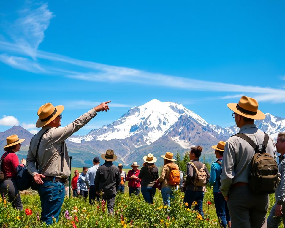 A guided nature tour in Denali National Park, Alaska, featuring a diverse group of park rangers in professional attire leading visitors through a lush, rugged landscape. In the foreground, a ranger enthusiastically points out a stunning view of the towering Denali mountain, covered in snow, with detailed rocky outcrops. The middle ground includes participants of various ages, captivated by the ranger's insights, surrounded by lush green vegetation and blooming wildflowers. In the background, a clear blue sky meets the jagged peaks of the Alaska Range, with wispy clouds adding depth. The scene is illuminated by warm, natural sunlight creating a serene and inviting atmosphere, showcasing the beauty and educational richness of the park. The image captures the harmony between nature and human learning, inspiring exploration and understanding.