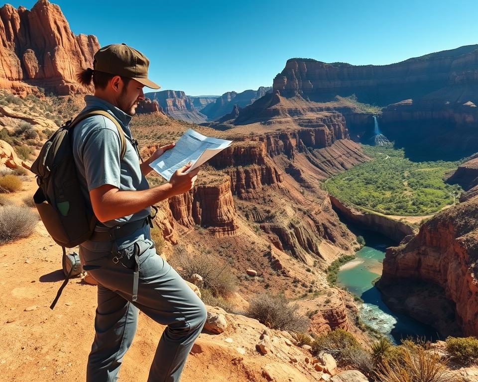 A hiker navigating a rugged trail in the Arizona desert, showcasing the Grand Canyon waterfall in the background. In the foreground, a person dressed in professional hiking attire, such as breathable shirts and sturdy pants, is examining a trail map while considering heat safety precautions. The middle ground features sun-bleached rocks and sparse desert vegetation, with the shimmering waterfall cascading into a serene pool below. The background presents majestic canyon walls illuminated by warm, golden sunlight, casting shadows that enhance the depth of the scene. The atmosphere is one of adventure and contemplation, capturing the beauty and challenges of hiking in the Arizona heat, with clear blue skies and a distant view of lush greenery around the water source.