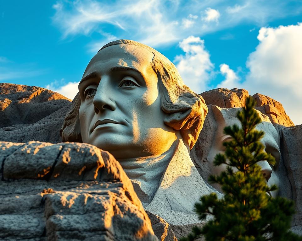 A majestic, close-up view of George Washington as he appears on Mount Rushmore, showcasing the intricate details of his granite visage carved into the rock. The foreground features the weathered stone texture, highlighting the facial features and expressions of Washington, symbolizing strength and leadership. In the middle ground, the iconic mountain backdrop frames the sculpture, surrounded by a lush, green pine forest. The background includes a clear blue sky with soft, white clouds, casting gentle shadows across the sculpture. The lighting is warm and golden, suggesting late afternoon sunlight that enhances the details of the monument. The atmosphere conveys a sense of reverence and historical significance, inviting viewers to contemplate Washington's enduring legacy as the first President of the United States.