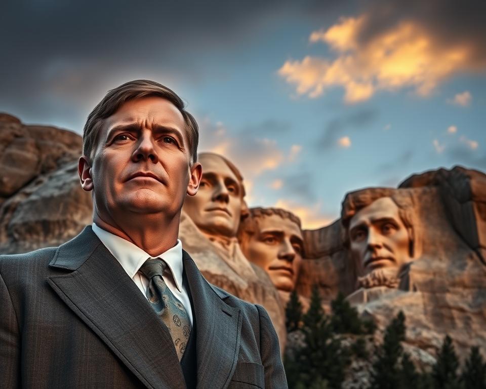 A majestic view of Mount Rushmore featuring Theodore Roosevelt's iconic carved visage in the foreground, his expression embodying determination and resilience. The scene captures Roosevelt wearing a smart, professional suit, reflecting his progressive era spirit. In the middle ground, the intricacies of the other three presidents’ faces—George Washington, Thomas Jefferson, and Abraham Lincoln—are framed against a dramatic sky, transitioning from golden hues of sunrise to deep blues, highlighting their features with cinematic lighting. The background showcases the rugged South Dakota landscape, with pine trees and rocky cliffs, adding depth. The atmosphere conveys a sense of historical significance and reverence, evoking the pride and progressive ideals of Roosevelt’s presidency. The scene is shot from a low angle, emphasizing the grandeur of the sculpture against the expansive sky.