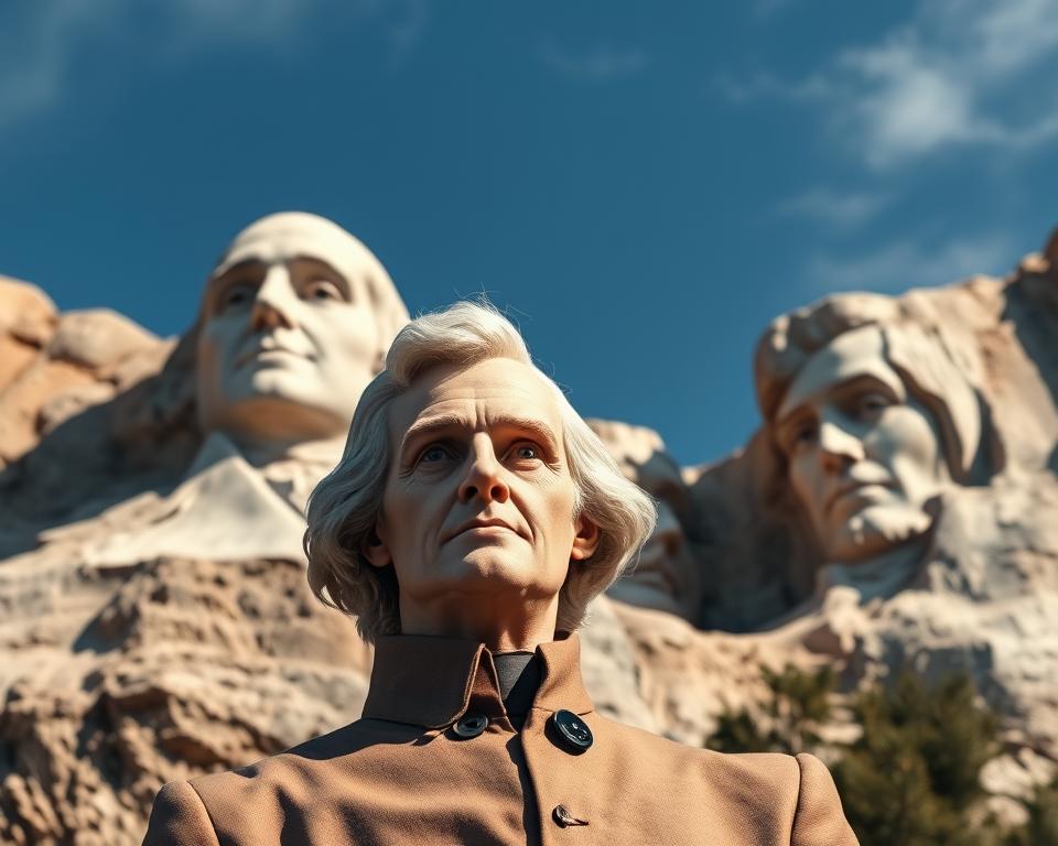 A majestic view of Mount Rushmore featuring the faces of the four US presidents, with Thomas Jefferson prominently displayed in the foreground. The image captures Jefferson's likeness in realistic detail, showcasing his thoughtful expression and iconic hairstyle. The background includes the rugged granite mountain landscape under a clear blue sky. Soft sunlight bathes the scene, casting gentle shadows that enhance the textures of the rock surface. The framing invites viewers to appreciate the grandeur of both Jefferson's legacy and the monumental sculpture. The overall atmosphere conveys a sense of reverence and historical significance, inspiring admiration for Jefferson as the author of the Declaration of Independence. The composition is structured to evoke awe while maintaining a professional tone.