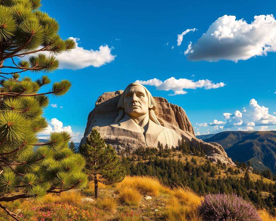 A majestic view of the Crazy Horse Memorial, capturing the intricately carved face of Crazy Horse emerging from a rugged granite mountain. In the foreground, patches of pine trees and colorful wildflowers provide a natural frame, while the middle ground showcases the impressive sculpture being diligently worked on by artisans. The background features the vast Black Hills under a bright blue sky with fluffy white clouds, creating a striking contrast with the gray rock. The lighting is warm and golden, suggesting a late afternoon sun casting soft shadows and enhancing the texture of the granite. The scene conveys a sense of awe and reverence, inviting viewers to contemplate the historical significance of this monumental tribute.