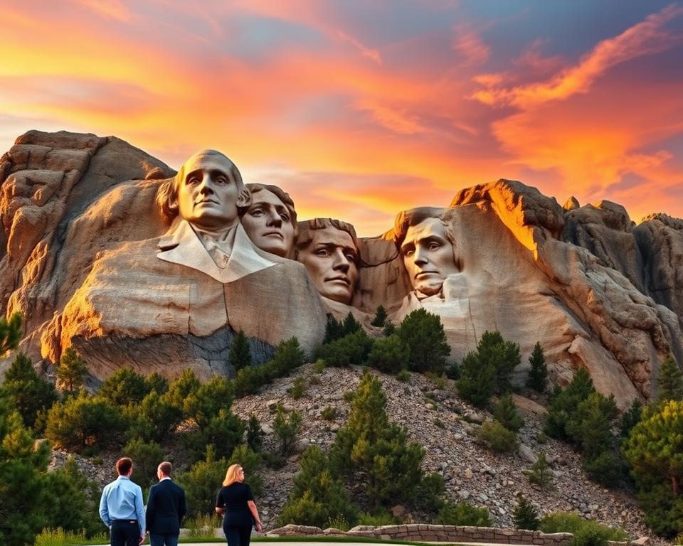 A panoramic view of Mount Rushmore at sunset, featuring the carved faces of the four U.S. Presidents: George Washington, Thomas Jefferson, Theodore Roosevelt, and Abraham Lincoln. The granite faces are dramatically illuminated by the warm golden light of the setting sun, creating deep shadows and emphasizing the intricate details of each face. In the foreground, a few visitors in professional clothing admire the monument, adding a sense of scale. In the background, the rugged Black Hills with lush greenery and a colorful sky filled with wispy clouds enhance the mood of reverence and admiration. The image should capture the grandeur and historical significance of this iconic American landmark, evoking a sense of awe and inspiration.