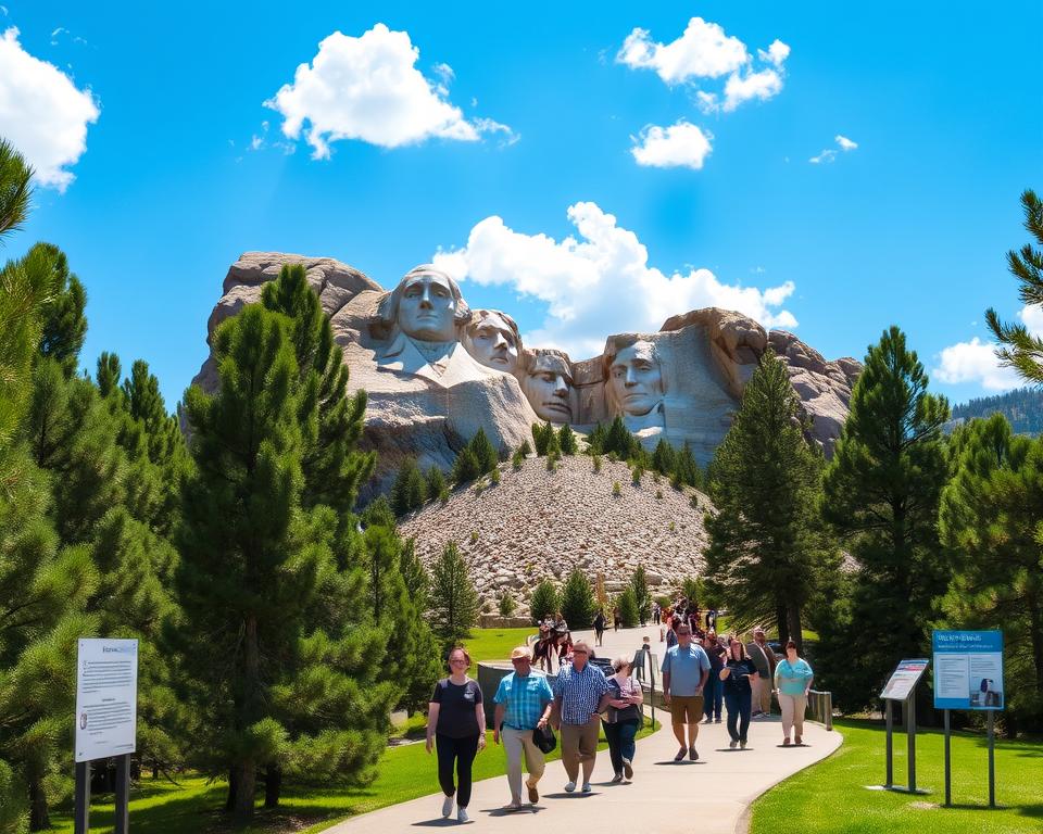 A panoramic view of Mount Rushmore during a sunny day, showcasing the iconic faces of four US Presidents carved into the granite, surrounded by lush green pine trees. In the foreground, a well-maintained walking path invites visitors, some dressed in casual, comfortable clothing, admiring the monumental sculptures. The middle ground features informative signs providing tips for visitors, subtly presented but clear enough for the viewer to grasp. The background reveals a brilliant blue sky with fluffy white clouds, enhancing the grandeur of the mountain. Soft, natural lighting casts gentle shadows, emphasizing the details of the carvings. The overall mood is welcoming and inspiring, inviting exploration and appreciation of this national treasure.