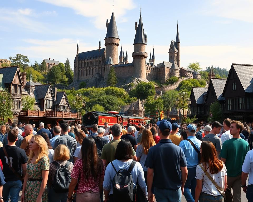 A panoramic view of Universal Studios Hollywood, focusing on the iconic Hogwarts Castle in the background, surrounded by lush greenery and distinctly themed buildings. In the foreground, a diverse group of visitors, dressed in casual but modest attire, marvel at the enchanting scenery. The middle ground features attractions like the Hogwarts Express and the Forbidden Journey ride, designed with intricate details. The atmosphere is vibrant and magical, under soft afternoon sunlight that casts warm, inviting shadows. Capture this bustling scene with a wide-angle lens to emphasize the grandeur and excitement of the theme park. The image should convey a sense of wonder and adventure, inviting viewers to experience the magic of the Wizarding World.