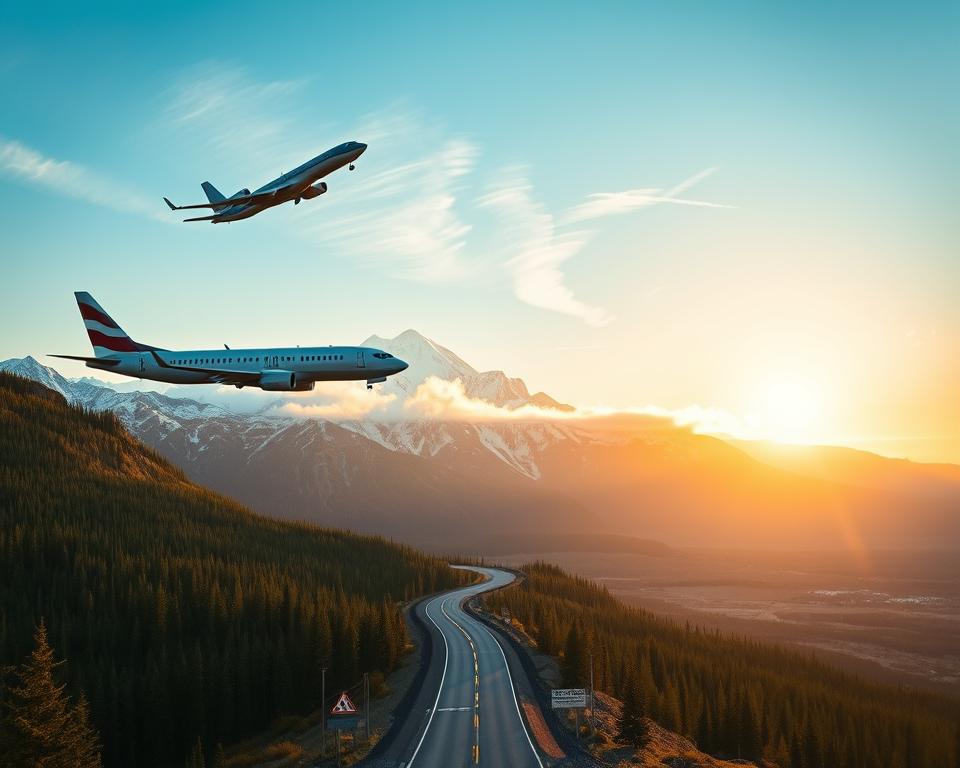 A picturesque scene capturing the journey to Denali National Park, with a focus on a split view of a commercial airplane in the foreground, soaring above rugged Alaskan landscapes. The airplane, depicted in sleek, modern design, travels above snow-capped mountains and dense green forests, showcasing the stunning natural beauty of Alaska. In the middle ground, a winding road leads towards the majestic Denali Peak, partially covered in wispy clouds. In the background, a clear blue sky transitions into a golden sunset, casting warm light over the mountains. The atmosphere is one of adventure and exploration, inviting the viewer to experience this breathtaking destination. The composition should have a wide-angle perspective, enhancing the grandeur of the scenery.
