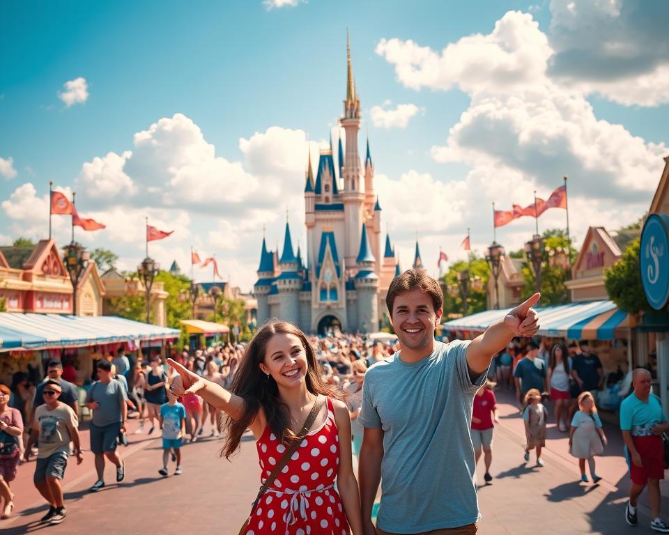 A picturesque view of Disney World in Orlando during peak travel season, showcasing vibrant colors and a sunny atmosphere. In the foreground, a family of four dressed in cheerful, casual attire is enjoying a magical moment, while smiling and pointing at the iconic Cinderella Castle, adorned with twinkling lights. The middle ground highlights bustling pathways filled with excited visitors and colorful merchandise stalls, enhancing the joyful ambiance. The background features fluffy white clouds against a bright blue sky, framing the enchanting landscape of Disney World. The scene is well-lit with warm, inviting sunlight, captured from a slightly elevated angle to encompass as much of the park's charm as possible, evoking feelings of happiness and anticipation for an unforgettable adventure.
