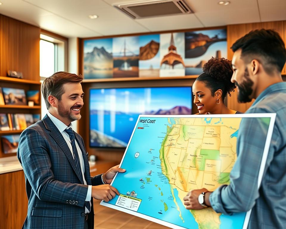 A professional travel agency office setting, featuring a welcoming and well-organized reception area. In the foreground, a friendly travel agent in smart casual attire is assisting a diverse couple looking at a detailed map of the West Coast of the USA. The middle ground showcases a large screen displaying iconic West Coast destinations like San Francisco, Los Angeles, and national parks. In the background, travel brochures and inspirational travel images adorn the walls, creating an inviting atmosphere. The lighting is warm and bright, with natural sunlight streaming through large windows. Capture this scene with a focus on the interaction between the agent and the couple, embodying a sense of excitement and trust for their upcoming journey.