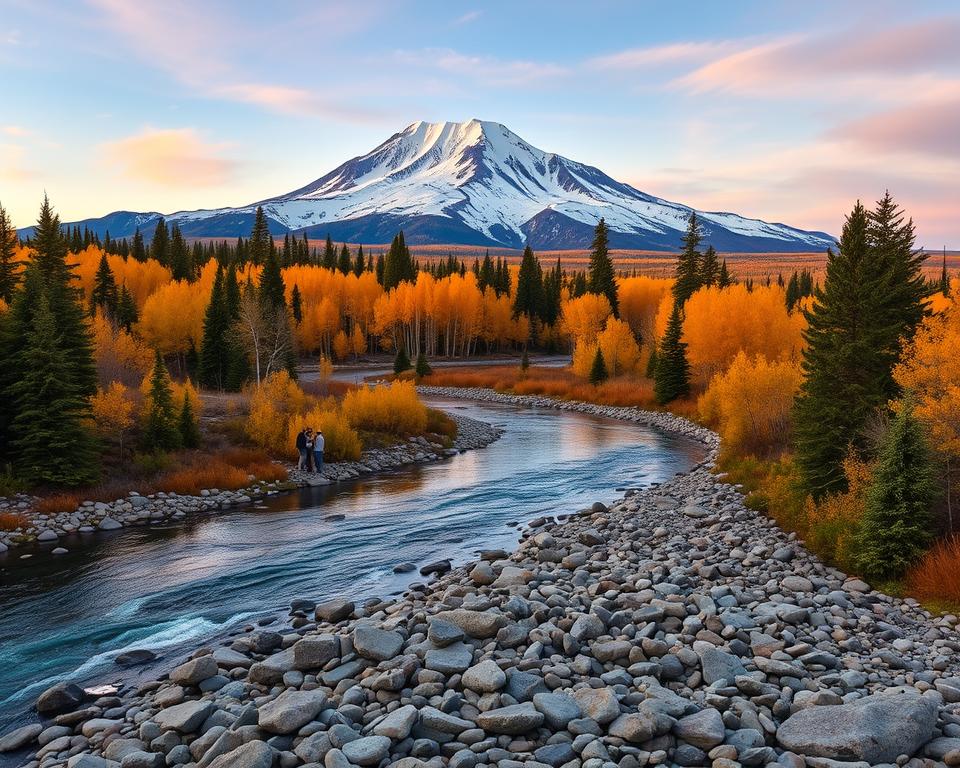 A scenic landscape of Denali National Park in Alaska during early autumn, showcasing the majestic Denali mountain peak covered with a dusting of snow, surrounded by vibrant yellow and orange foliage. In the foreground, a clear, winding river reflects the mountain's grandeur with smooth stones lining its banks. The middle ground features diverse evergreen trees, while small groups of visitors dressed in casual outdoor attire, discussing maps and budgets, can be seen planning their adventures. The background captures a wide sky of soft pastel colors during sunset, illuminating the scene with a warm glow. Use natural lighting to enhance the colors of the leaves and mountains, with a slight tilt of the lens for a dynamic perspective that invites the viewer into this stunning wilderness.