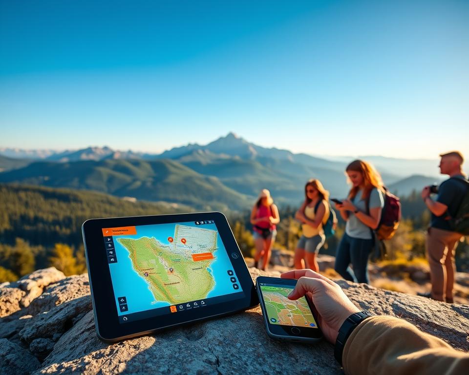 A scenic landscape of a national park featuring digital tools for tourists. In the foreground, showcase a high-tech tablet displaying a vibrant interactive map of the park, alongside a smartphone with a park app open. In the middle ground, depict a diverse group of travelers, dressed in casual outdoor attire, using wearable GPS devices and digital cameras while studying the map. The background should consist of majestic mountains, dense forests, and clear blue skies, capturing the beauty of nature. Soft, warm sunlight bathes the scene, enhancing the feeling of adventure and exploration. Use a wide-angle lens effect to create a sense of depth, making the viewers feel as if they are part of the experience.