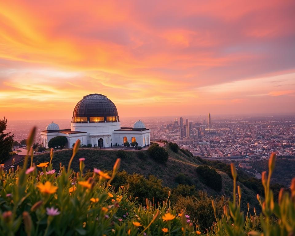 A scenic view of Griffith Observatory, perched atop the beautiful Griffith Park hills in Los Angeles. In the foreground, vibrant greenery with wildflowers swaying gently in a soft breeze. The middle ground features the iconic dome of the observatory, intricately detailed, with its distinctive white facade illuminated by the warm glow of a golden sunset. In the background, a panoramic cityscape of Los Angeles stretches out, twinkling with lights as dusk descends. The sky is a blend of orange, pink, and purple hues, creating a serene yet captivating atmosphere. The image captures the observatory from a slight low angle, emphasizing its grandeur against the vast, colorful sky. The overall mood is tranquil and inspiring, ideal for showcasing this beloved landmark. A scenic view of Griffith Observatory, perched atop the beautiful Griffith Park hills in Los Angeles. In the foreground, vibrant greenery with wildflowers swaying gently in a soft breeze. The middle ground features the iconic dome of the observatory, intricately detailed, with its distinctive white facade illuminated by the warm glow of a golden sunset. In the background, a panoramic cityscape of Los Angeles stretches out, twinkling with lights as dusk descends. The sky is a blend of orange, pink, and purple hues, creating a serene yet captivating atmosphere. The image captures the observatory from a slight low angle, emphasizing its grandeur against the vast, colorful sky. The overall mood is tranquil and inspiring, ideal for showcasing this beloved landmark.