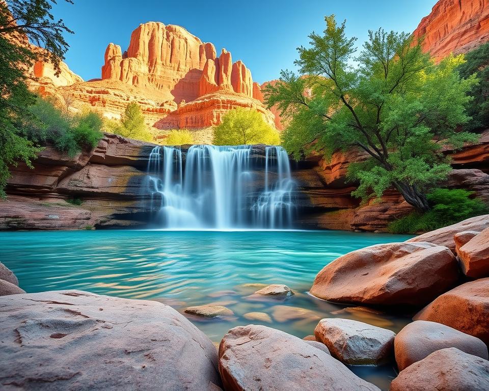 A scenic view of Havasupai Waterfalls in the Grand Canyon, featuring the vibrant turquoise waters cascading over layered rocks into a serene pool below. In the foreground, smooth stones and lush greenery frame the water, while the midground showcases the waterfall with sprays of mist gently illuminated by soft sunlight filtering through the trees. In the background, towering red rock formations rise against a clear blue sky, enhancing the grandeur of this natural wonder. The atmosphere is tranquil and inviting, perfect for adventurers seeking a peaceful retreat. Capture this breathtaking moment with a wide-angle lens to emphasize the depth and beauty of the landscape, showcasing the rich colors and textures of this iconic location.