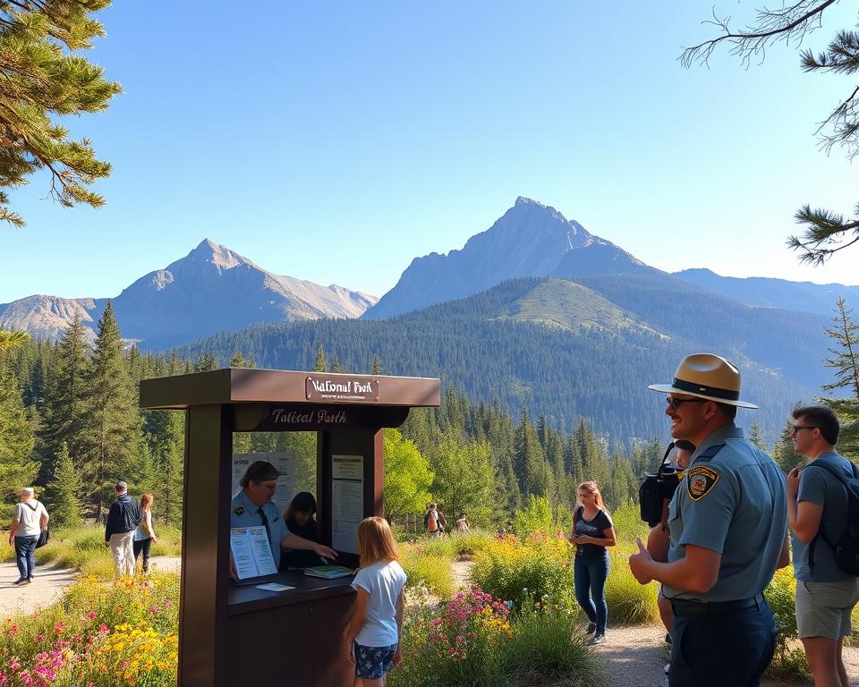 A scenic view of a National Park ticket booth surrounded by lush forests and towering mountains under a clear blue sky. In the foreground, a friendly park ranger wearing a professional uniform helps a family at the booth, displaying their passes and permits. The middle ground features a natural landscape with vibrant greenery, wildflowers, and visitors exploring walking trails. The background showcases majestic mountain peaks, hinting at adventure. The lighting is warm and inviting, suggesting early morning sunlight filtering through the branches. The overall atmosphere conveys a sense of excitement and anticipation for outdoor exploration, enhancing the theme of accessibility to nature's wonders.