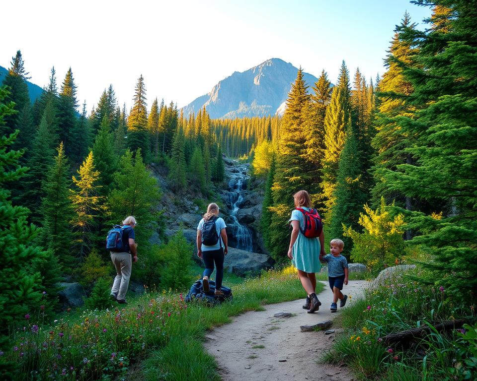A scenic view of a lesser-known national park in the USA, featuring a tranquil forest with vibrant green trees and a serene mountain backdrop under a bright blue sky. In the foreground, a winding trail leads towards a hidden waterfall, surrounded by wildflowers and rocks. In the middle ground, a small family of hikers in modest casual clothing, exploring the area with excitement. The lighting is soft and warm, evoking a peaceful afternoon atmosphere. A slightly elevated perspective captures the beauty of the landscape, emphasizing the park's untouched wilderness. The composition should convey a sense of adventure and discovery, highlighting the hidden gems found within the National Park Pass.