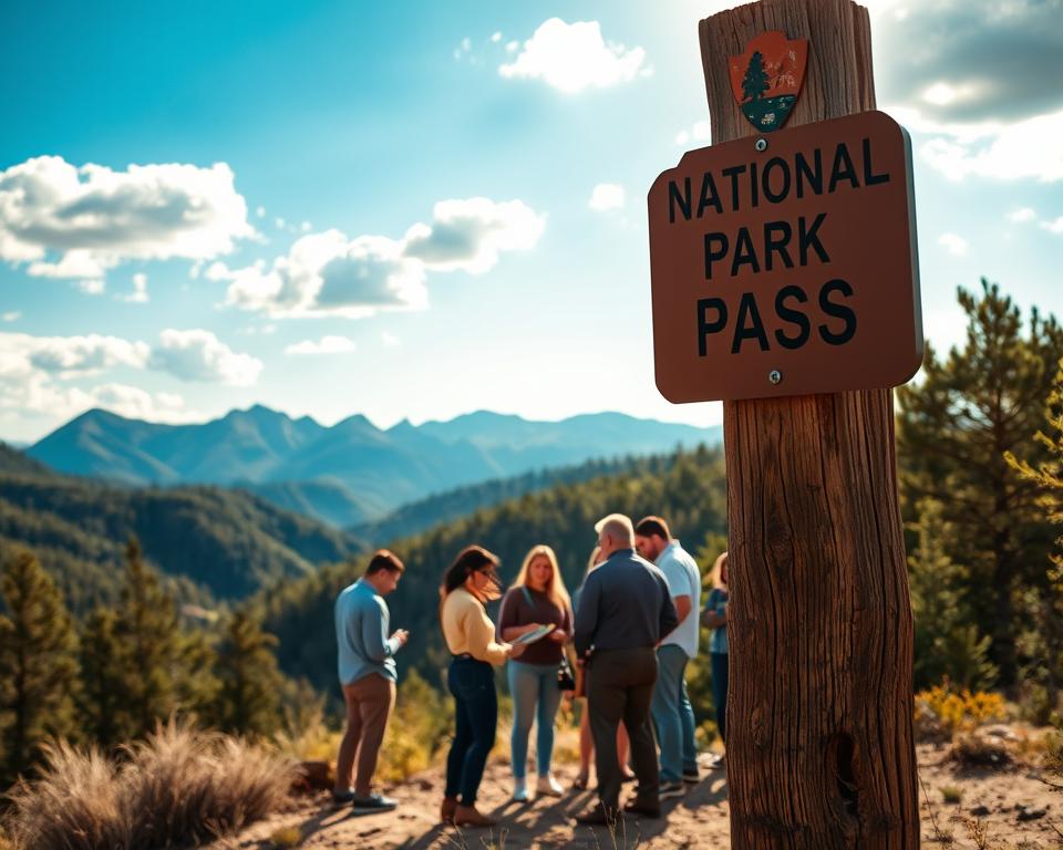 A scenic view of a peaceful National Park, showcasing stunning natural landscapes representing the USA's diverse environments. In the foreground, a weathered wooden signpost reads "National Park Pass" with images of iconic park symbols. In the middle ground, a serene group of diverse people, dressed in modest casual clothing, engage in discussions as they look at a park map, planning their visit. The background features majestic mountains and lush green trees under a bright blue sky with fluffy white clouds, illuminating the scene with warm sunlight. The mood is inviting and adventurous, evoking a sense of exploration and appreciation for nature. The image should be captured from a slight angle to give depth, emphasizing the beauty of the park’s landscape while keeping the focus on the experience of buying the pass.