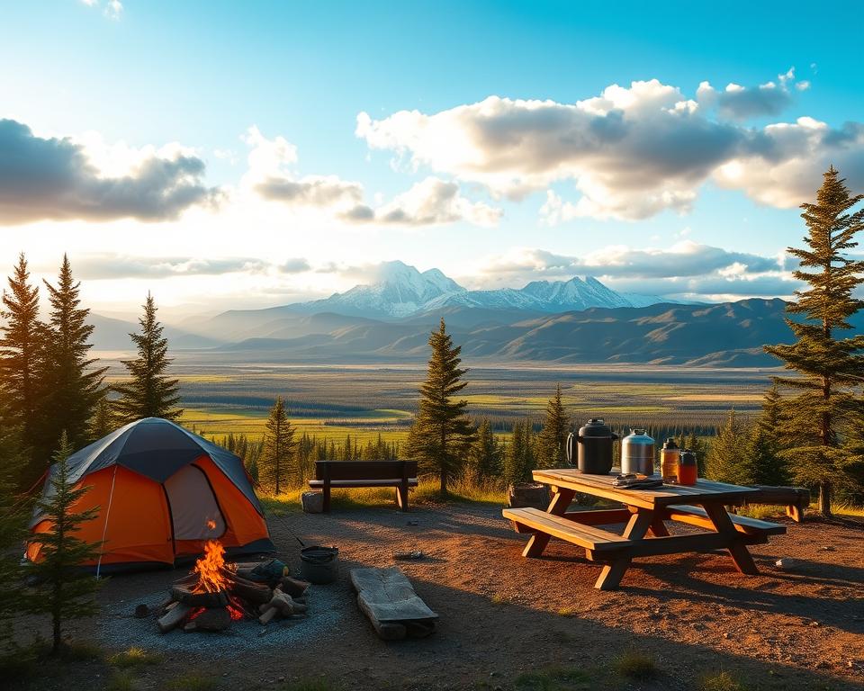 A scenic view of camping in Denali National Park, capturing a cozy campsite in the foreground with a rustic tent and a crackling campfire surrounded by pine trees. In the middle, include a wooden picnic table laden with camping gear and a stunning view of the majestic Denali mountain range bathed in warm golden sunlight. The sky is a brilliant blue with soft, fluffy clouds. In the background, rugged mountains and expansive green valleys stretch out beneath a dramatic sky, reflecting the beauty of the Alaskan wilderness. The atmosphere should feel serene and inviting, evoking a sense of adventure and tranquility in nature, captured with a wide-angle lens and soft lighting to enhance the natural colors.