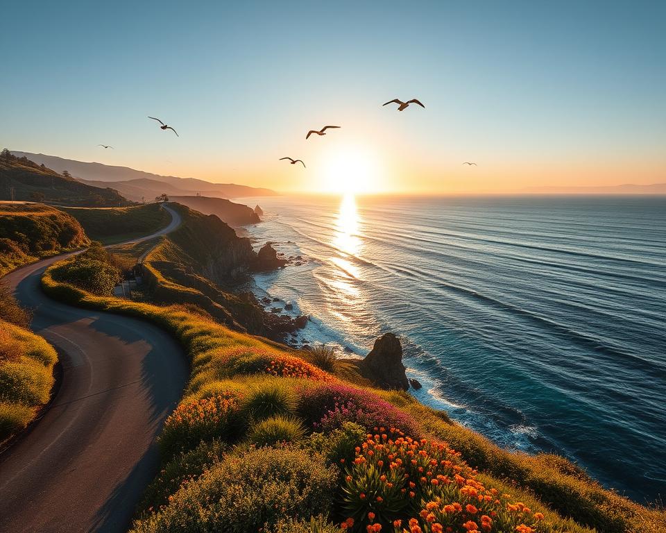 A scenic view of the West Coast of the USA, capturing the unique climate and natural beauty of the region. In the foreground, a winding coastal road bordered by lush greenery and vibrant wildflowers leads towards the ocean. The middle ground showcases crystal-clear waves lapping against jagged cliffs, with seagulls soaring overhead, emphasizing the coastal vibe. In the background, the sun sets on the horizon, casting a warm golden hue over the landscape and illuminating the mountains in the distance. The atmosphere is calm and inviting, suggesting the perfect travel season, with clear skies and gentle breezes. Capture this scene with soft, natural lighting at a wide-angle perspective to highlight the expansive beauty of the West Coast.