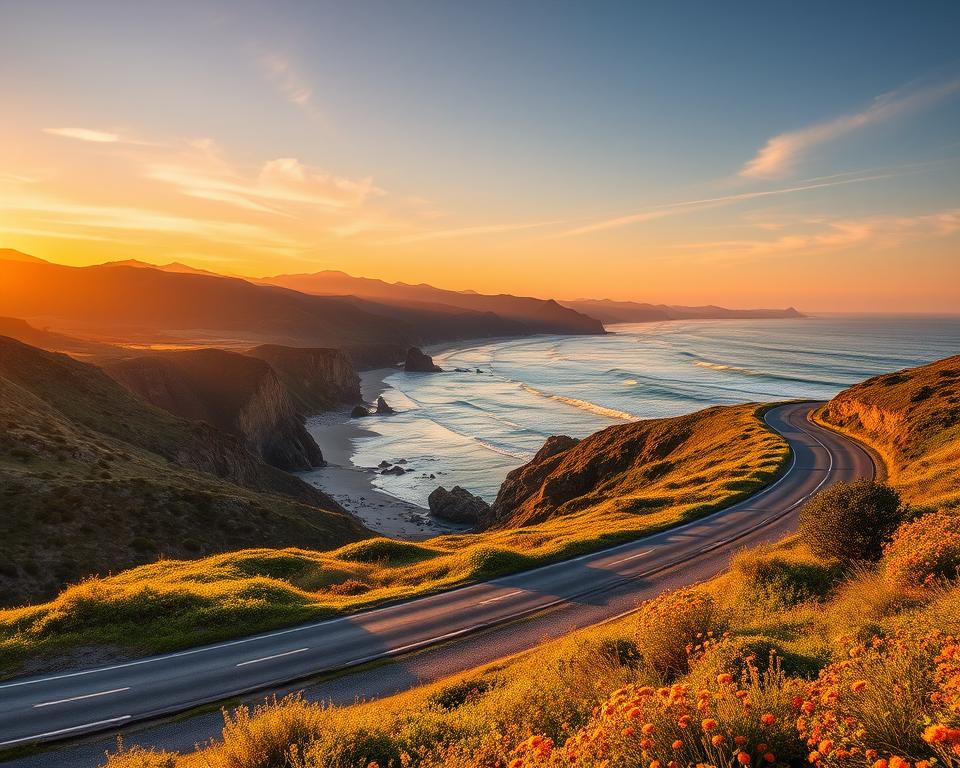 A scenic view showcasing popular travel routes along the West Coast of the USA, featuring iconic landmarks like the Golden Gate Bridge, rugged cliffs, and coastal highways. In the foreground, show a winding road bordered by lush greenery and wildflowers, leading towards the ocean. The middle ground includes a picturesque beach with crashing waves and vibrant sunsets casting warm hues across the sky. In the background, majestic mountains and rolling hills create a dramatic silhouette against the setting sun. The lighting is soft and golden, emphasizing the tranquil atmosphere of a perfect travel experience. Use a wide-angle lens for an expansive view, capturing both the beauty of nature and the allure of the journey along the West Coast.