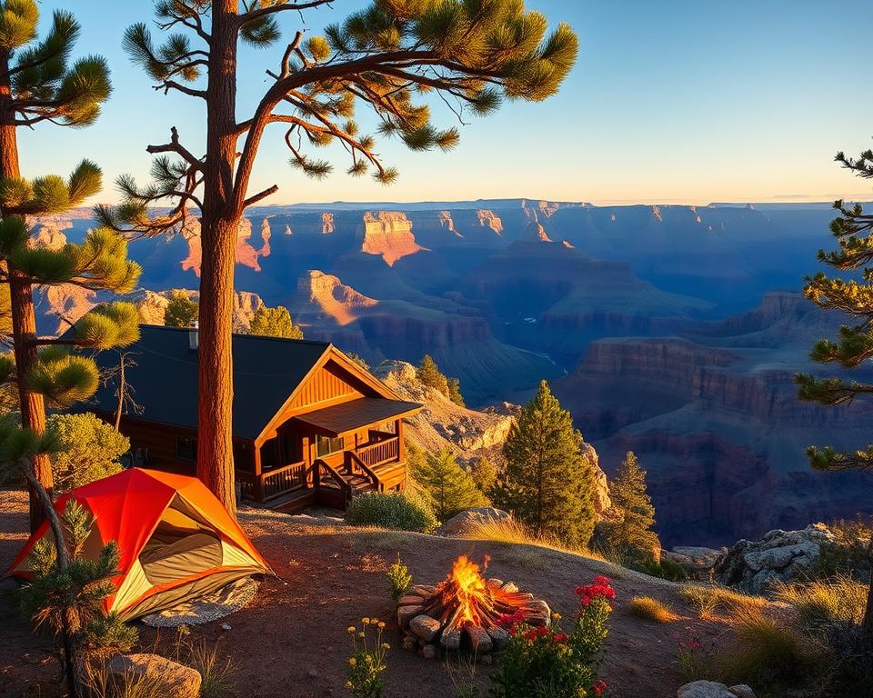 A serene camping scene at the Grand Canyon showcasing a cozy lodge nestled among pine trees. In the foreground, a well-equipped campsite with a vibrant red tent and a crackling campfire. The middle ground features a rustic wooden lodge with a porch, surrounded by colorful wildflowers. In the background, the majestic Grand Canyon with its layers of deep red and brown rock formations under a clear blue sky, with distant waterfalls cascading into the canyon's depths. Soft, golden hour lighting casts warm shadows, enhancing the peaceful and inviting atmosphere. The image captures the beauty of nature and the comfort of accommodations, encouraging exploration in this breathtaking setting.