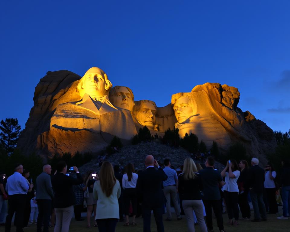 A serene evening view of Mount Rushmore during the illumination ceremony. In the foreground, soft, golden light washes over the iconic faces of the four U.S. presidents—George Washington, Thomas Jefferson, Theodore Roosevelt, and Abraham Lincoln—illuminated against the twilight sky. In the middle ground, a diverse group of spectators, dressed in smart casual attire, gazes up in awe, capturing the moment with their cameras. The background features a deep blue sky transitioning to night, filled with softly glowing stars. The scene should convey a sense of inspiration and reverence, with gentle beams of light highlighting the detailed carvings on the mountain. Use a wide-angle perspective to encompass both the monument and the gathering crowd, creating a balanced composition that emphasizes the grandeur of this historic site.