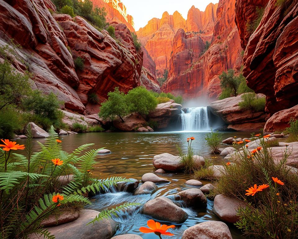 A serene hidden waterfall nestled in the Grand Canyon, surrounded by lush greenery and rugged red rock formations. In the foreground, delicate ferns and vibrant wildflowers frame the tranquil stream that cascades over smooth stones. The middle ground showcases the waterfall plunging into a crystal-clear pool, with gentle ripples reflecting the surrounding flora. In the background, towering canyon walls rise majestically, bathed in warm, golden light from a late afternoon sun, creating a captivating contrast with deep shadows. The atmosphere is tranquil and invigorating, evoking a sense of discovery and connection with nature, with mist rising from the water adding an ethereal quality to the scene. The angle captures the waterfall from a slightly elevated perspective, highlighting its beauty within the vast landscape.