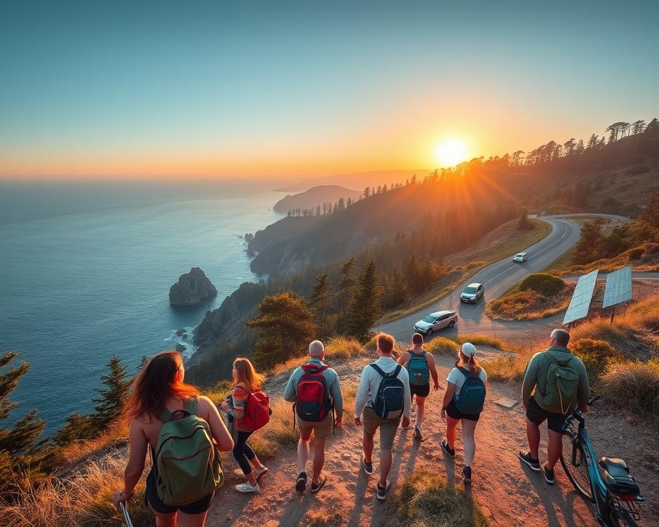 A serene landscape depicting sustainable travel along the West Coast of the USA. In the foreground, a diverse group of travelers dressed in casual outdoor attire, joyfully exploring nature trails, carrying eco-friendly backpacks. In the middle ground, lush coastal forests and dramatic cliffs meet tranquil waters, highlighting the breathtaking beauty of National Parks. A winding road can be seen leading along the coastline, with solar-powered vehicles and bicycles parked nearby. In the background, a sunset casts a warm golden glow over the horizon, creating a peaceful and inviting atmosphere. The overall mood is one of adventure, togetherness, and environmental consciousness, captured with soft, natural lighting and a wide-angle perspective to emphasize the expansive scenery.